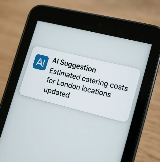 A high-quality photo of a digital tablet screen displaying a notification that reads 'AI Suggestion: Estimated catering costs for London locations updated.'