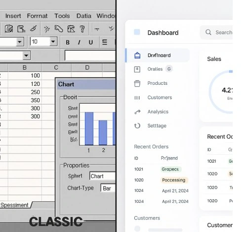 A split-screen comparison visual showing a classic, detailed professional software interface on one side and a modern, sleek web-based interface on the other.