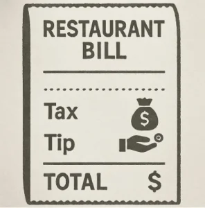 A conceptual illustration of a restaurant bill where the 'Total' includes clear icons for 'Tax' and 'Tip' to represent fringe benefits.