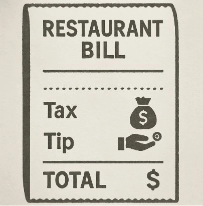 A conceptual illustration of a restaurant bill where the 'Total' includes clear icons for 'Tax' and 'Tip' to represent fringe benefits.