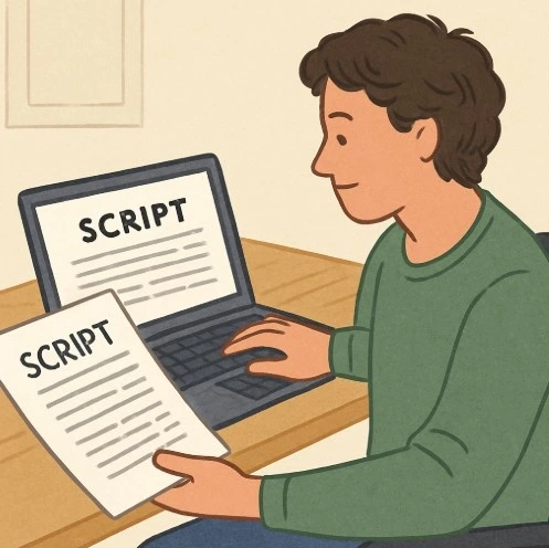 A person sitting comfortably at a desk using a laptop to review a script.
