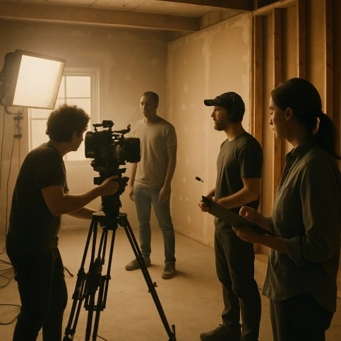 A wide shot of a film set showing a camera crew, a half-finished room, and a person with a clipboard coordinating the group.