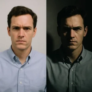 A side-by-side comparison of the same actor in the same pose: one side with flat, bright office lighting and the other with dramatic, high-contrast shadows.