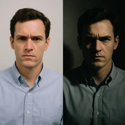 A side-by-side comparison of the same actor in the same pose: one side with flat, bright office lighting and the other with dramatic, high-contrast shadows.