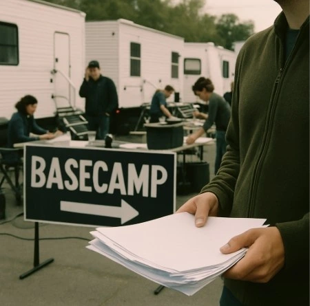 A busy production office 'Basecamp' with trailers in the background and a person holding a stack of papers.