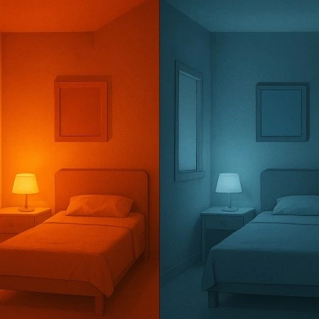 A side-by-side comparison of a warm, orange-toned room and a cold, clinical blue-toned room to show emotional shifts.