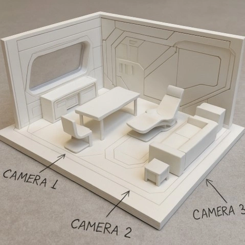 A detailed architectural scale model of a futuristic room, showing miniature furniture and annotations for camera placement.
