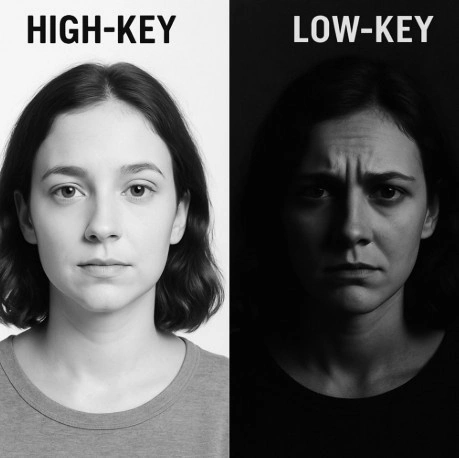 A side-by-side comparison of a face lit with 'High-key' lighting (bright, even) and 'Low-key' lighting (deep shadows, dramatic) to show emotional difference.