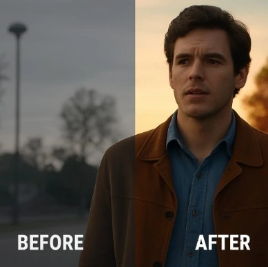 A 'before and after' of a film scene, showing a flat/gray raw image next to a finished, vibrant color-graded version.