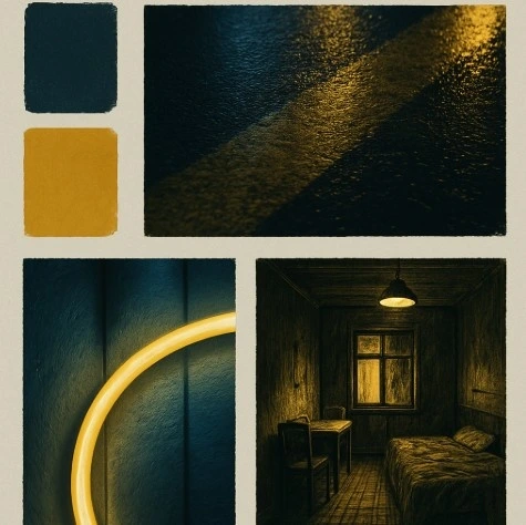 A simple mood board example for a 'neo-noir' film, featuring swatches of dark blue and yellow, textures of wet asphalt and neon light, and a single gritty interior sketch.