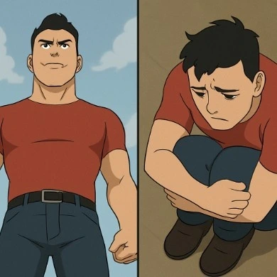 A side-by-side comparison of a character looking powerful from a low angle and vulnerable from a high angle.