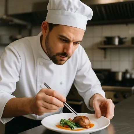 A chef in a kitchen carefully plating a dish, symbolizing the editor selecting and arranging footage.