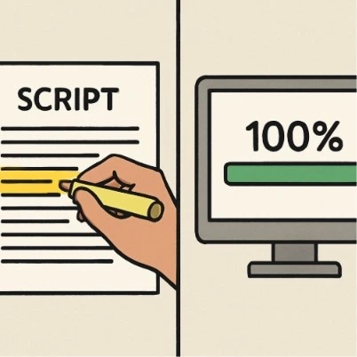 A simple split graphic showing a human hand highlighting a script vs. a progress bar hitting 100% on a computer screen.