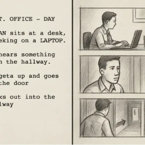 A split-screen graphic: on the left, a few lines of script; on the right, four simple, cinematic storyboard frames depicting the action.