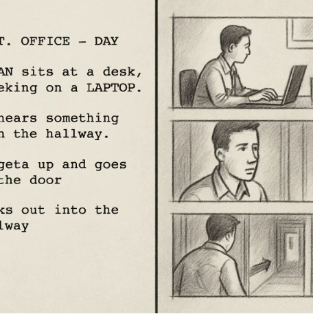 A split-screen graphic: on the left, a few lines of script; on the right, four simple, cinematic storyboard frames depicting the action.