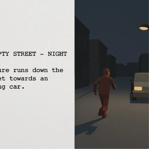 A split-screen visual showing a line of screenplay text on the left and a rough 3D pre-visualization frame on the right.