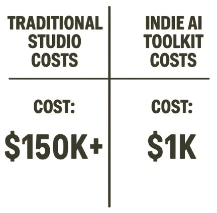 A side-by-side cost comparison graphic showing 'Traditional Studio Costs' vs. 'Indie AI Toolkit Costs'.