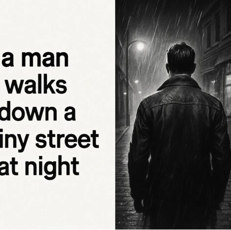 A side-by-side comparison showing a simple text prompt on the left and a professional-looking cinematic storyboard frame on the right.