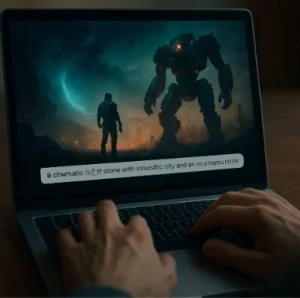 A close-up of a hand typing a descriptive prompt on a laptop, with a cinematic sci-fi scene appearing on the screen.