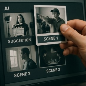 A filmmaker's hand dragging a digital 'scene strip' to a new position on a screen, showing manual override of an AI suggestion.