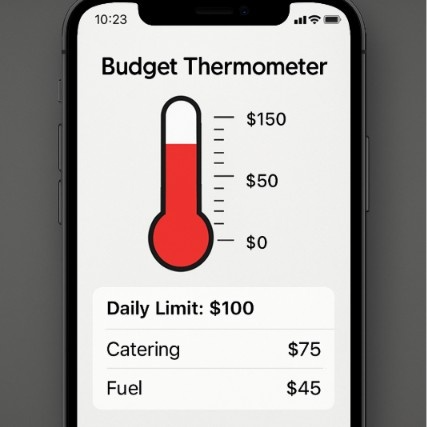 A simple smartphone interface showing a 'Budget Thermometer' that turns red when catering or fuel costs exceed the daily limit.