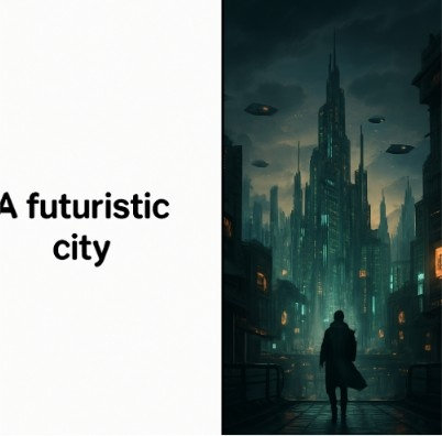 A split-screen comparison showing a simple sentence of text on one side and a high-quality cinematic storyboard panel of a futuristic city on the other.