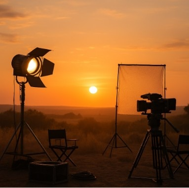 A beautiful landscape photo of a film set at 'Golden Hour' (sunset), illustrating the narrow window of time filmmakers must hit.