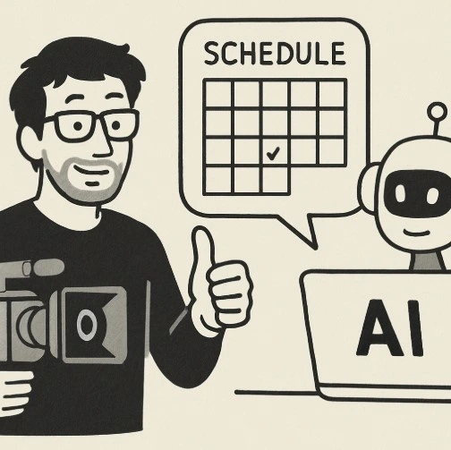 A filmmaker and an AI interface working together, with the human making a 'thumbs up' gesture at a suggested schedule.