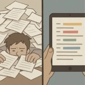 A split-screen illustration showing a person buried in messy physical papers on one side and a clean digital tablet with a color-coded script on the other.