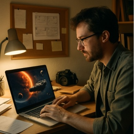 An independent filmmaker in a home office using a laptop to plan an epic space scene that traditionally would require a massive studio budget.