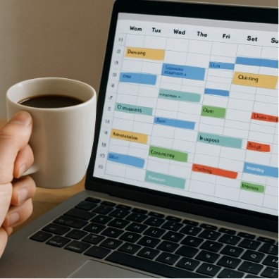 A close-up of a human hand holding a coffee cup next to a laptop screen displaying a complex, organized calendar.