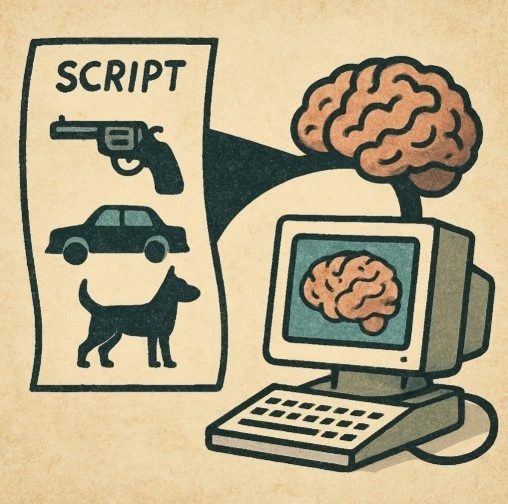 A conceptual illustration of a computer brain scanning a script page and 'pulling out' icons of a gun, a car, and a dog.