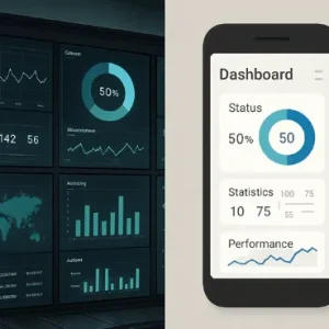 A split image showing a high-end control room dashboard on one side and a simple mobile app interface on the other.