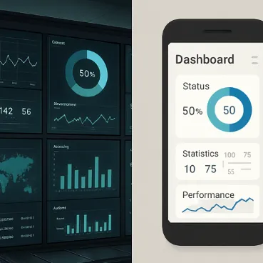 A split image showing a high-end control room dashboard on one side and a simple mobile app interface on the other.