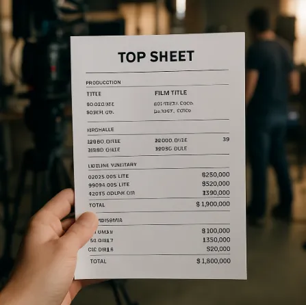A hand holding a neatly printed, professional 'Top Sheet' summary page on a film set.