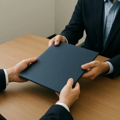 A professional document folder being presented across a table.