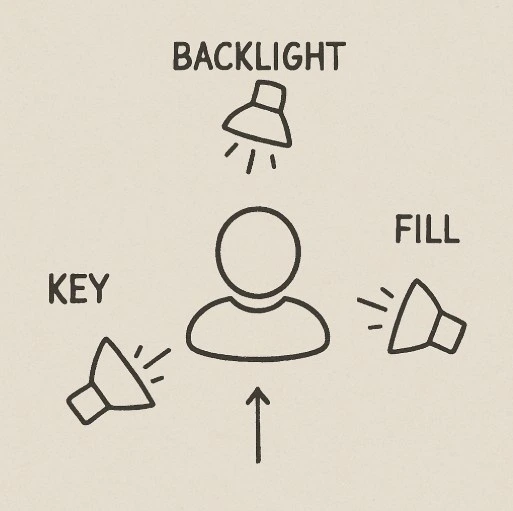 A simple diagram showing a subject with three light sources at different angles, labeled Key, Fill, and Backlight.