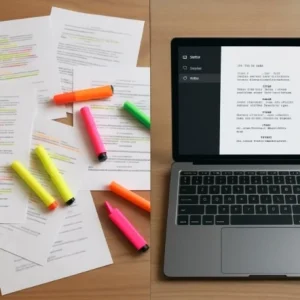 A side-by-side photo showing a messy desk covered in highlighters and paper scripts next to a clean laptop screen showing a sleek digital interface.