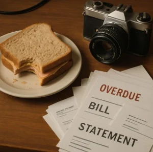 A close-up of a desk covered in specific, character-defining props like a half-eaten sandwich, a vintage camera, and a stack of overdue bills.