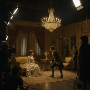 A wide shot of a lavish movie set interior with visible studio lighting and crew members at the edges, showing the contrast between the fictional world and the soundstage reality.