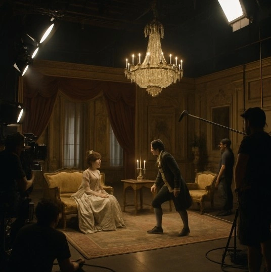 A wide shot of a lavish movie set interior with visible studio lighting and crew members at the edges, showing the contrast between the fictional world and the soundstage reality.