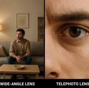 A side-by-side comparison of a scene shot with a wide-angle lens (showing the whole room) vs. a telephoto lens (focusing tight on an actor's eye).