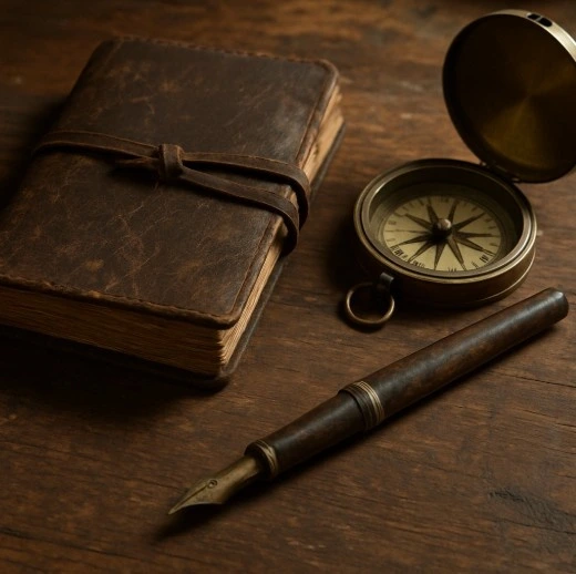 A close-up of a character's desk featuring a worn-out leather journal, an antique fountain pen, and an old brass compass to show how props suggest a character's hobbies and history.