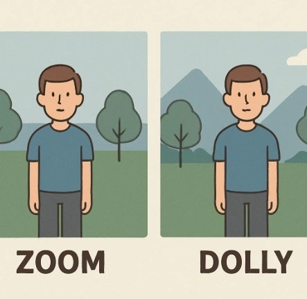 A visual showing a 'Zoom' making everything flat versus a 'Dolly' where the background elements move at different speeds.