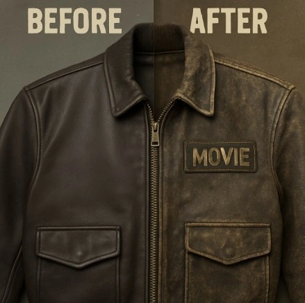 A close-up 'before and after' of a movie jacket: one side brand new, the other side 'broken down' with sandpapered edges, artificial sweat stains, and strategic dirt.