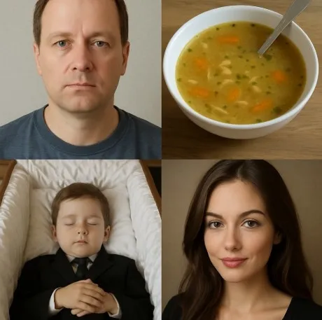 A series of three shot pairs: Man's neutral face followed by a bowl of soup, then a child in a coffin, then a beautiful woman.