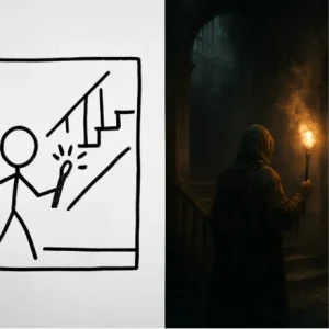 A side-by-side comparison of a simple stick-figure sketch versus a rich, atmospheric AI-generated storyboard frame of the same scene.