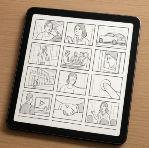 A digital tablet showing an organized grid of storyboard frames, looking professional and polished.