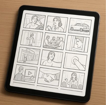A digital tablet showing an organized grid of storyboard frames, looking professional and polished.