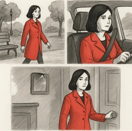 Three separate storyboard frames showing the same character—a woman in a red coat—in different locations (a park, a car, a house) to demonstrate visual consistency.
